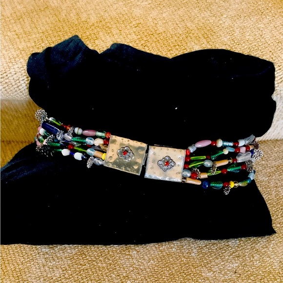 BOHEMIAN BELT WITH SILVER SQUARES AND ROWS OF COLORED BEADS AND CHARMS - Picture 1 of 2